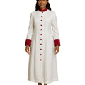 A woman modeling a long white robe with a red mandarin collar, red button front, and red cuffs, shown against a plain white background.