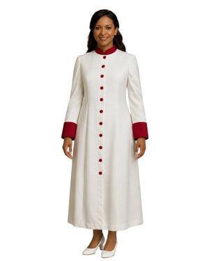 A woman modeling a long white robe with a red mandarin collar, red button front, and red cuffs, shown against a plain white background.