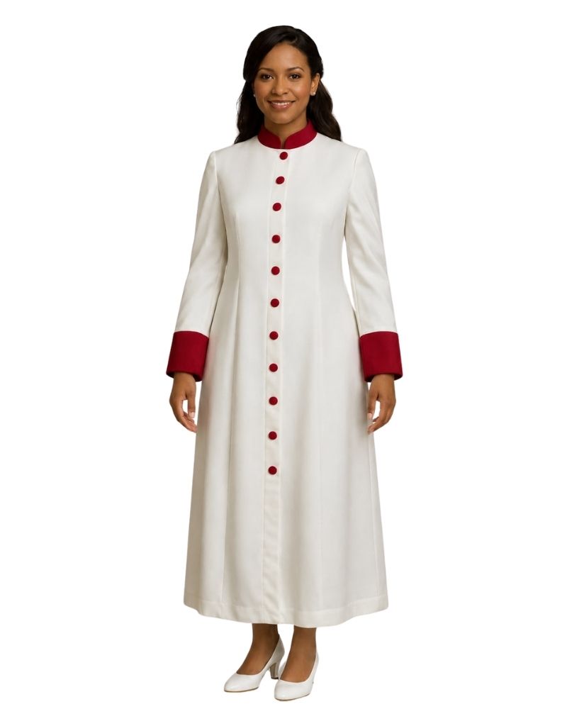 A woman modeling a long white robe with a red mandarin collar, red button front, and red cuffs, shown against a plain white background.