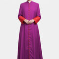 Women wearing a purple and red robe on a white background