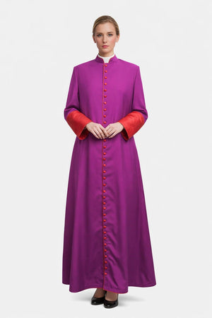 Women wearing a purple and red robe on a white background