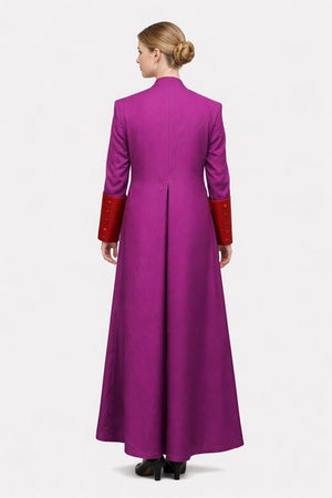 Purple long coat with red cuffs and collar on a white background