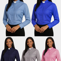 Five women wearing long-sleeve shirts in blue, purple, gray, and pink against a white background.