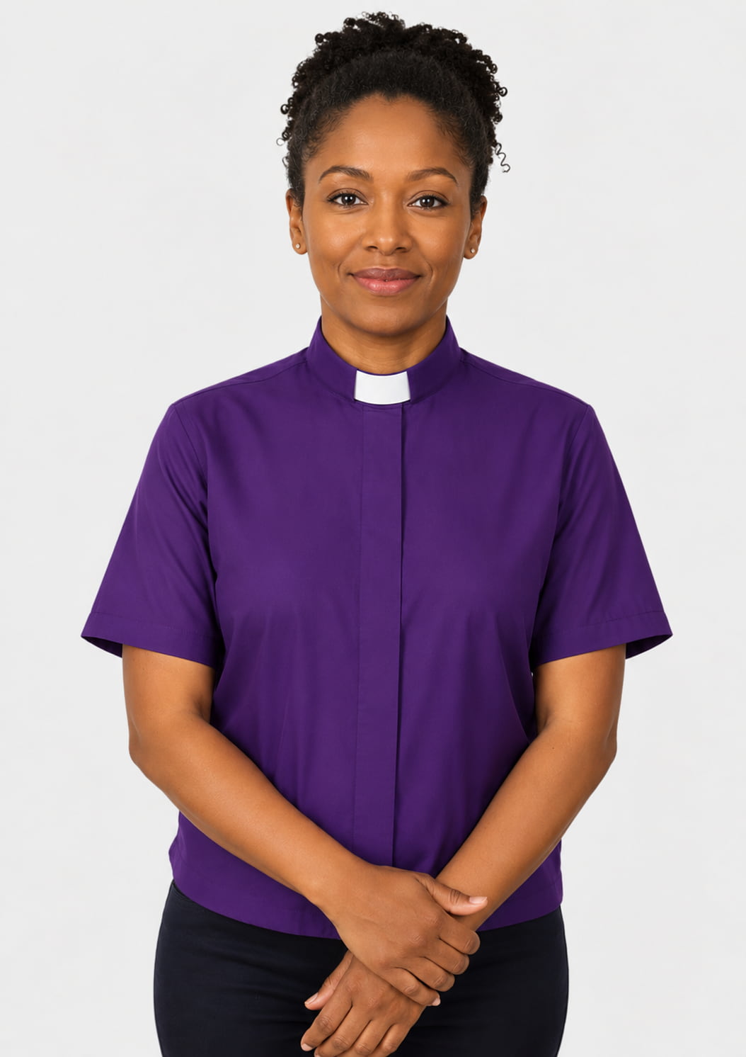 Women wearing a purple shirt with a white collar against a white background