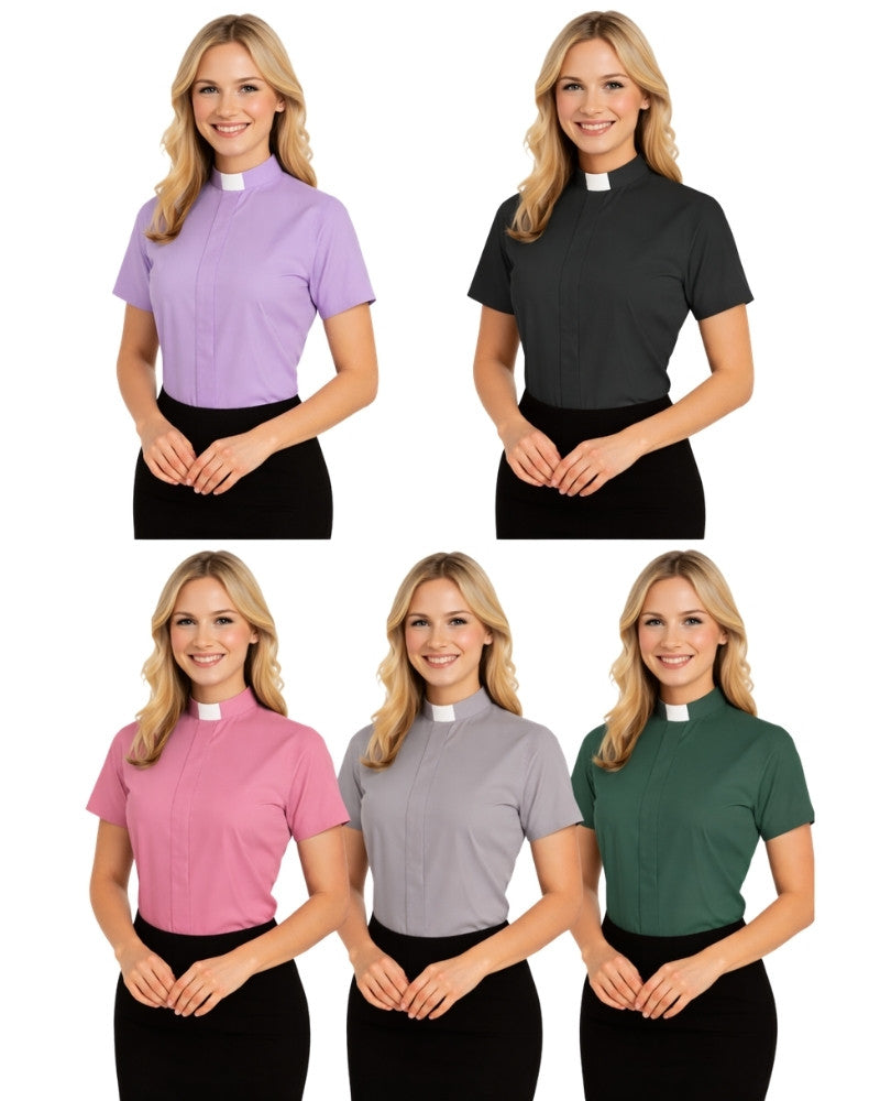 Set of five images showing a woman wearing different colored shirts with a black apron on a white background.