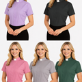 Set of five images showing a woman wearing different colored shirts with a black apron on a white background.