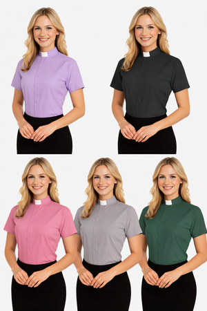 Set of five images showing a woman wearing different colored shirts with a black apron on a white background.