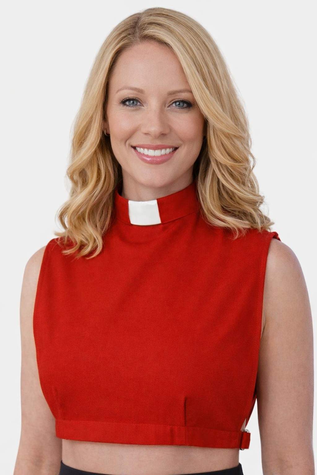 Woman wearing a red top with a white collar against a white background