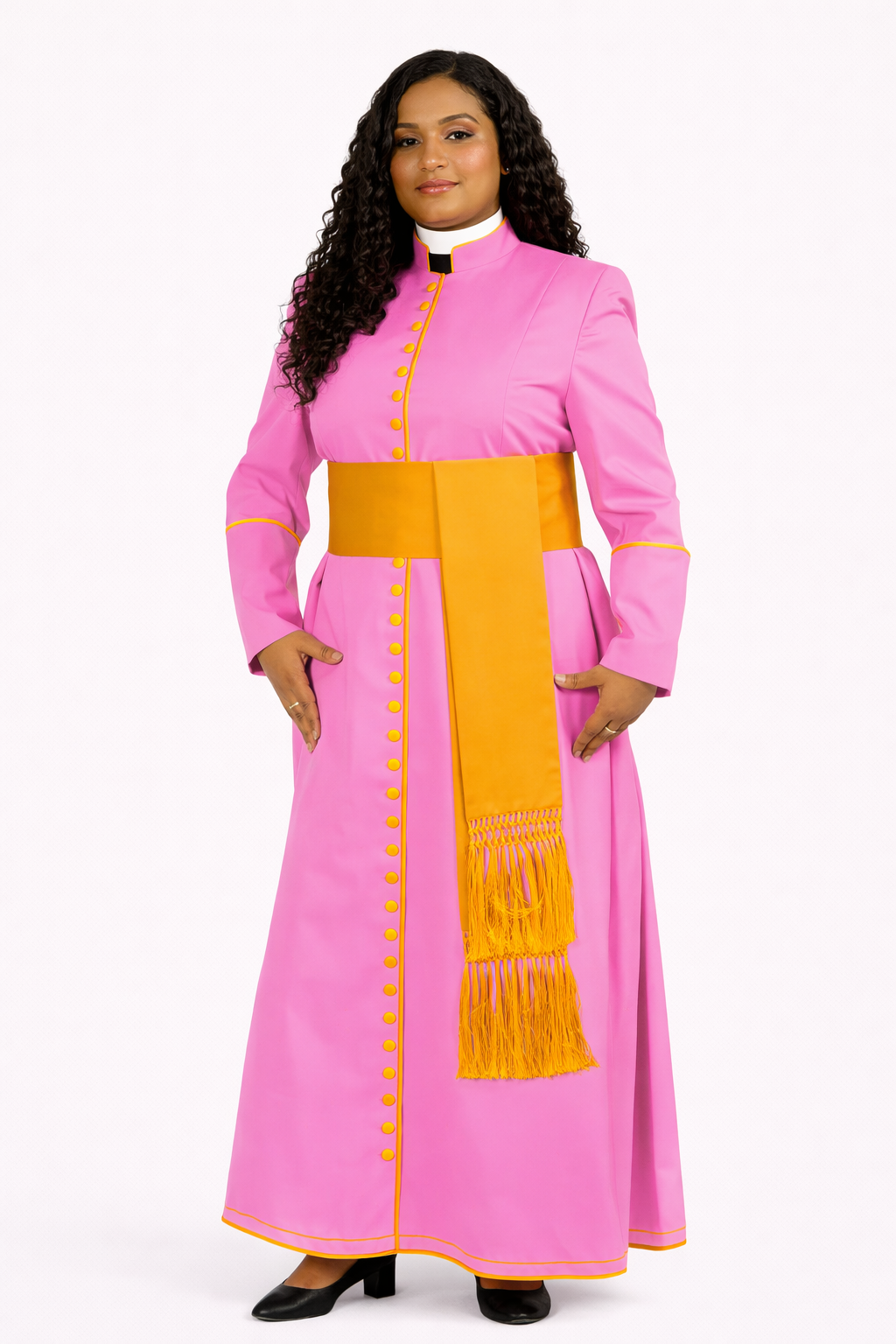 Women wearing a pink robe with yellow accents on a white background