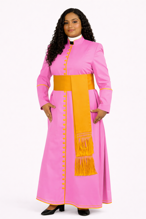 Women wearing a pink robe with yellow accents on a white background