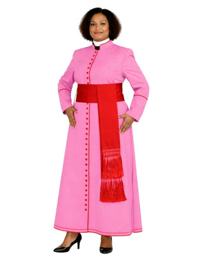 A woman modeling a pink cassock costume with a wide red waist sash and a red hanging scarf with fringe, against a plain white background.