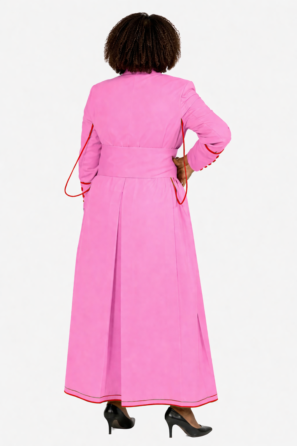 Person wearing a bright pink robe on a white background