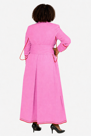 Person wearing a bright pink robe on a white background