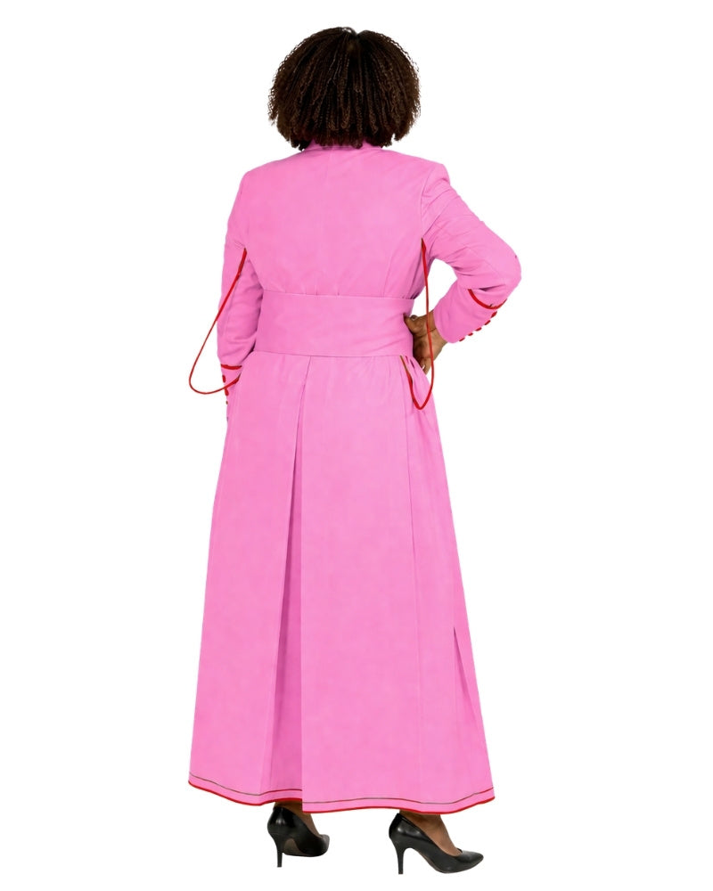 A woman shown from the back wearing a bright pink cassock with red piping details and black high heels, photographed against a plain white background.