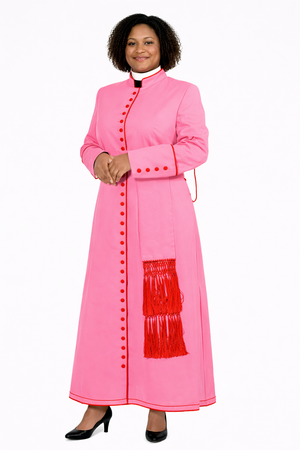 Woman wearing a pink robe with red accents on a white background