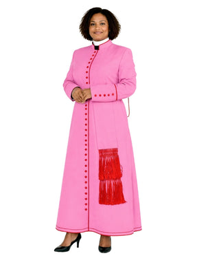 A woman modeling a bright pink cassock with red buttons, a red fringe detail on the front, and a white collar, set against a plain white background.