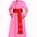 Women wearing a pink robe with a red stole on a white background