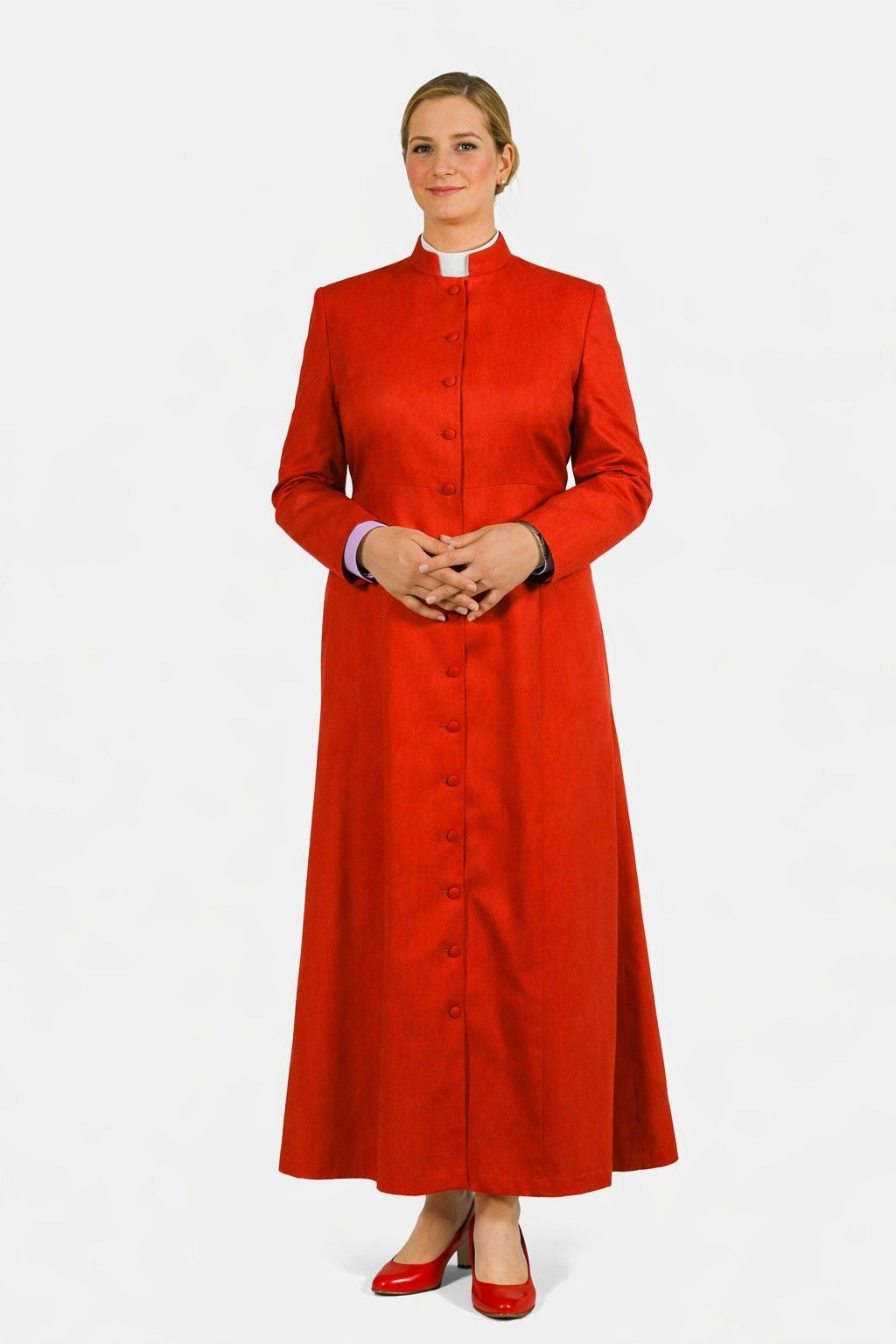 Women wearing a red clerical robe on a white background