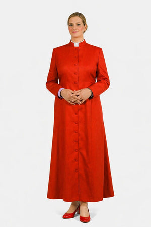 Women wearing a red clerical robe on a white background