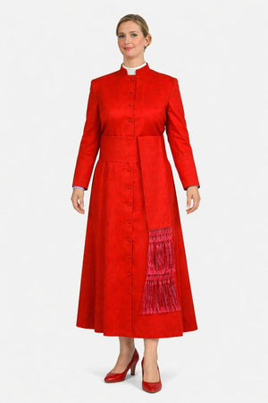 Woman wearing a red dress with a white background