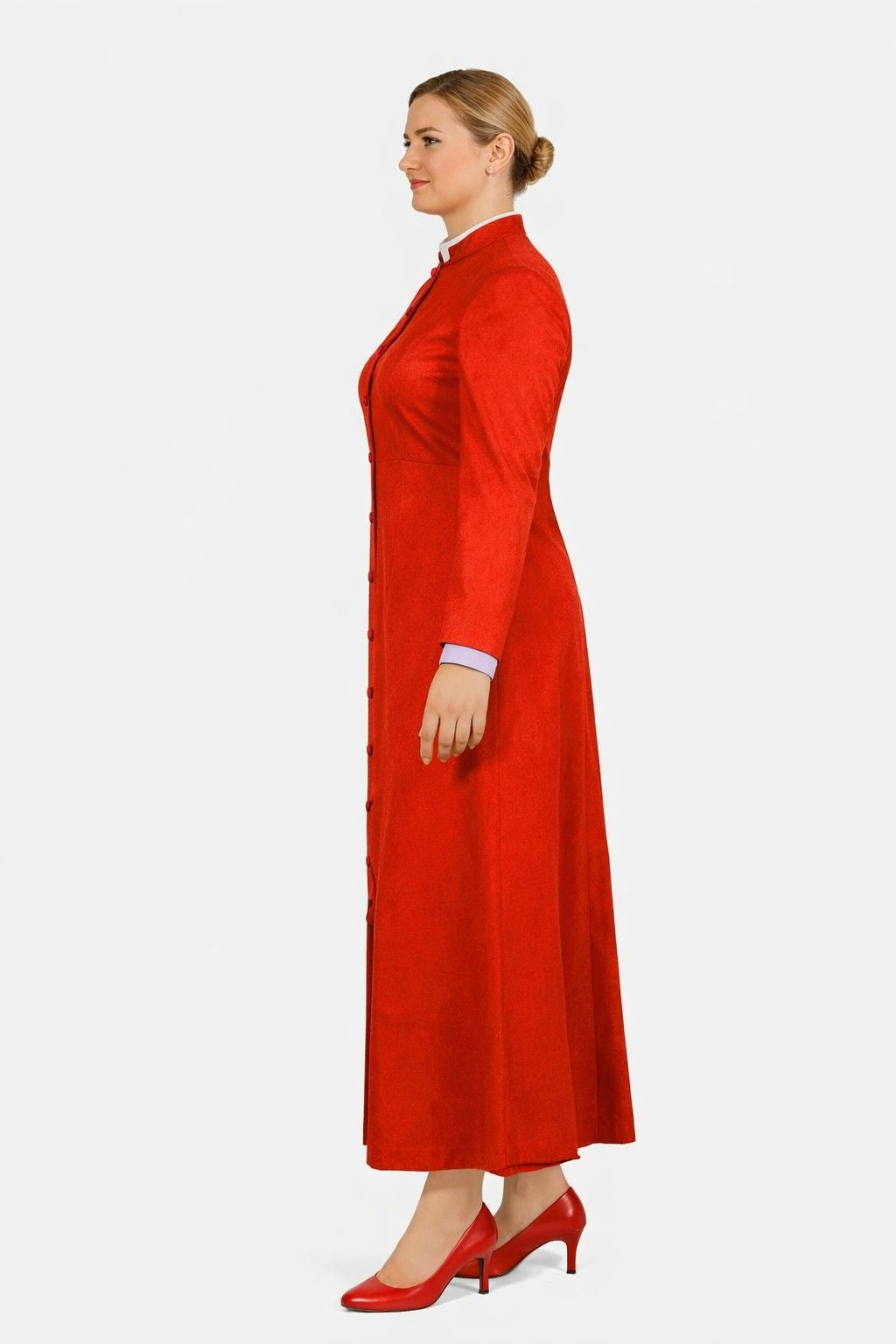 Woman wearing a red robe on a white background