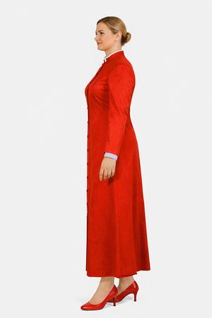 Woman wearing a red robe on a white background