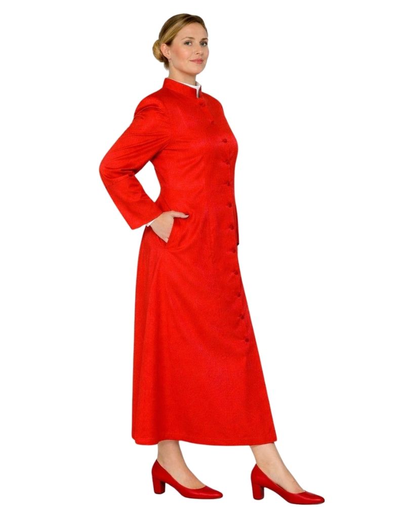 Woman wearing a red robe on a white background.