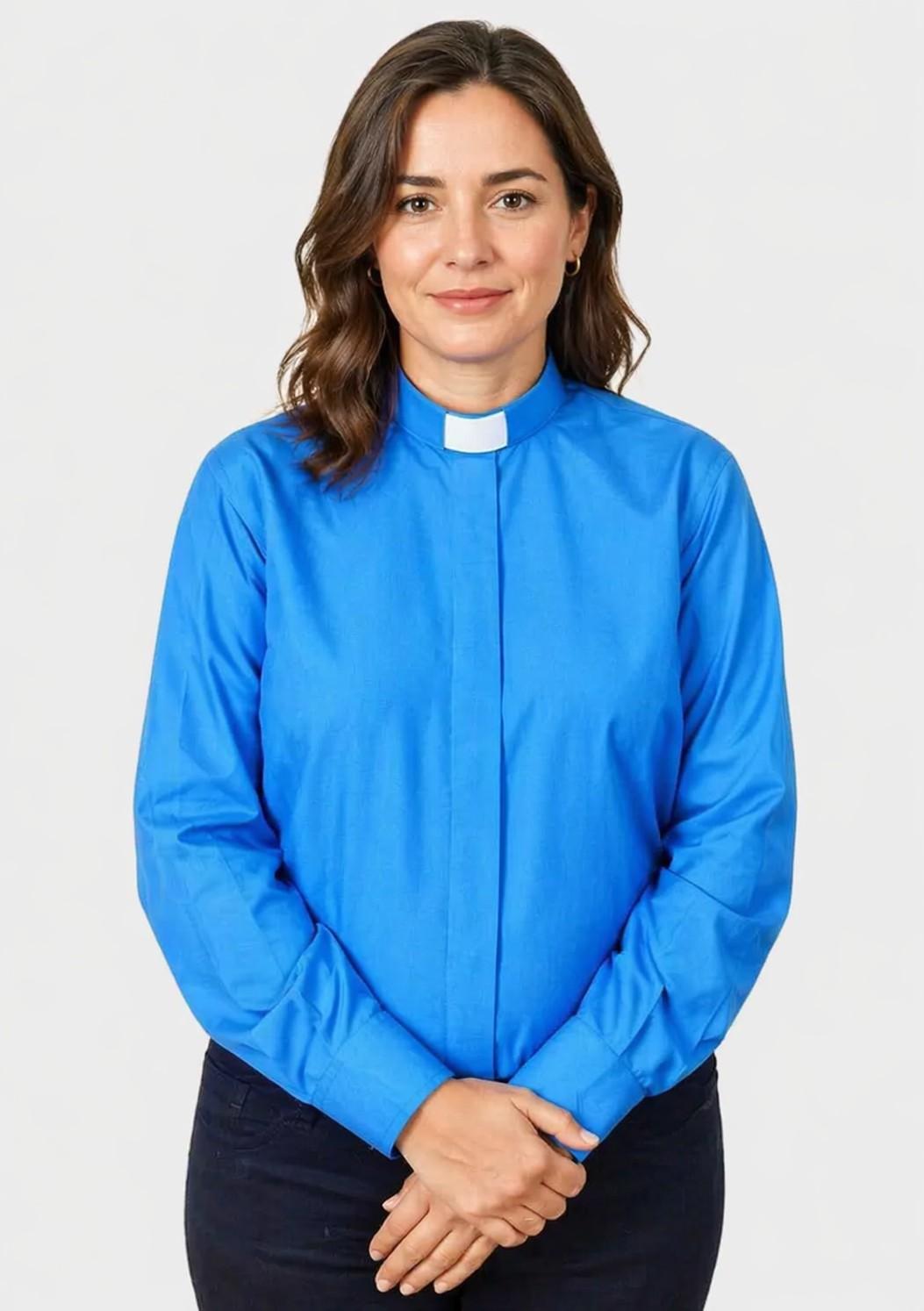 women wearing a blue shirt with a white collar on a plain background