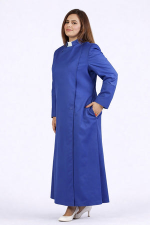 Woman wearing a blue robe on a white background