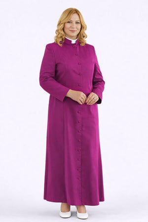 Woman wearing a long purple robe on a white background