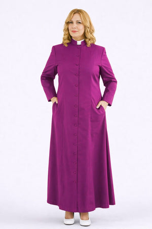 Woman wearing a long purple robe on a white background