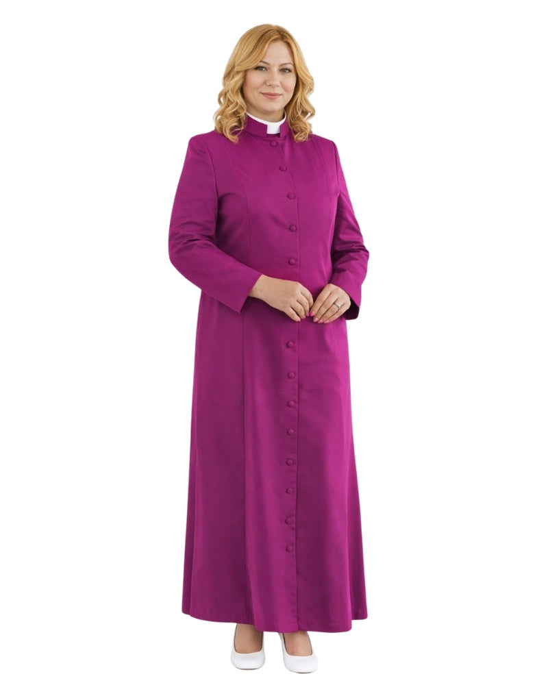 A woman modeling a long magenta-purple robe with a button-down front and a white collar, set against a plain white background.