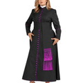 A woman modeling a long black clerical cassock with bright purple trim, button details, and a decorative purple fringe sash, paired with a white collar and silver heels, on a plain white background.