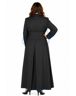 A woman viewed from the back wearing a long black cassock with bright blue piping details along the edges, set against a plain white background.