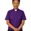women wearing purple clerical shirt on white background.