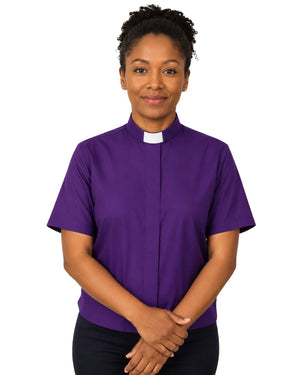 women wearing purple clerical shirt on white background.