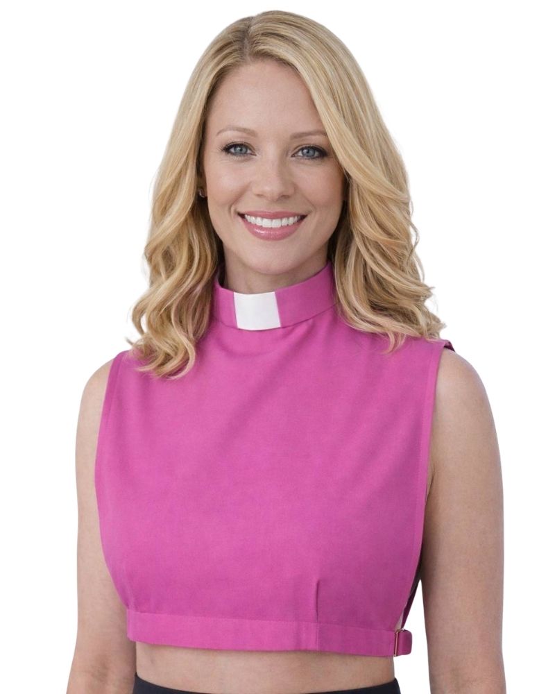 A smiling woman wearing a sleeveless bright pink top with a white collar tab, shown against a plain white background.
