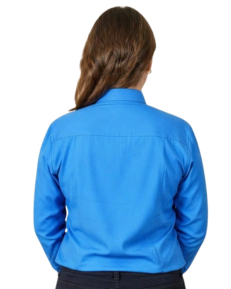 women wearing a blue shirt with a white collar on a plain background