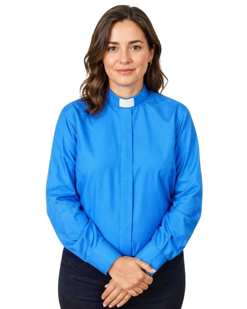 women wearing a blue shirt with a white collar on a plain background