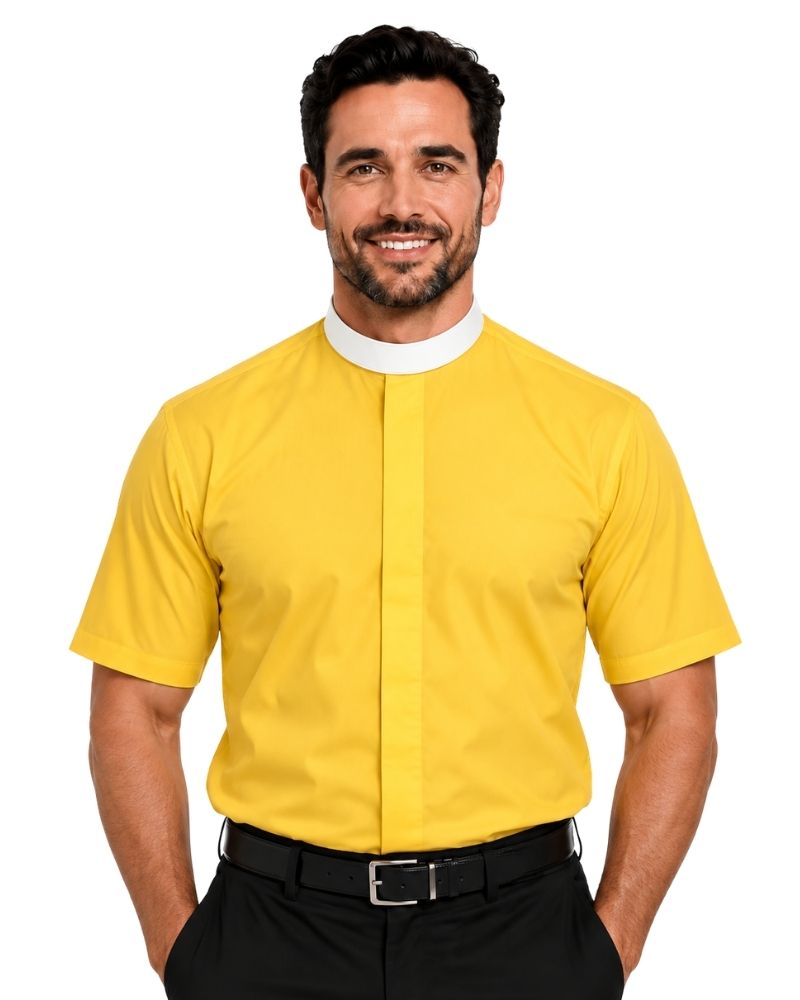 A smiling man wearing a bright yellow short-sleeve clerical shirt with a white collar, paired with black trousers and a black belt, against a plain white background.
