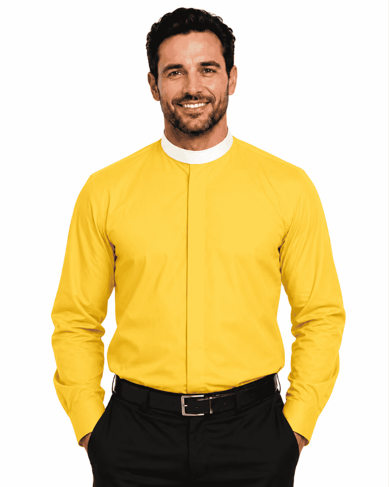 A smiling man wearing a bright yellow long-sleeve clerical shirt with a stand collar, paired with black trousers and a black belt, against a plain white background.