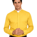 A man wearing a bright yellow long-sleeve clerical shirt with a white collar tab, paired with black trousers and a black belt, against a plain white background.