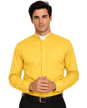A man wearing a bright yellow long-sleeve clerical shirt with a white collar tab, paired with black trousers and a black belt, against a plain white background.