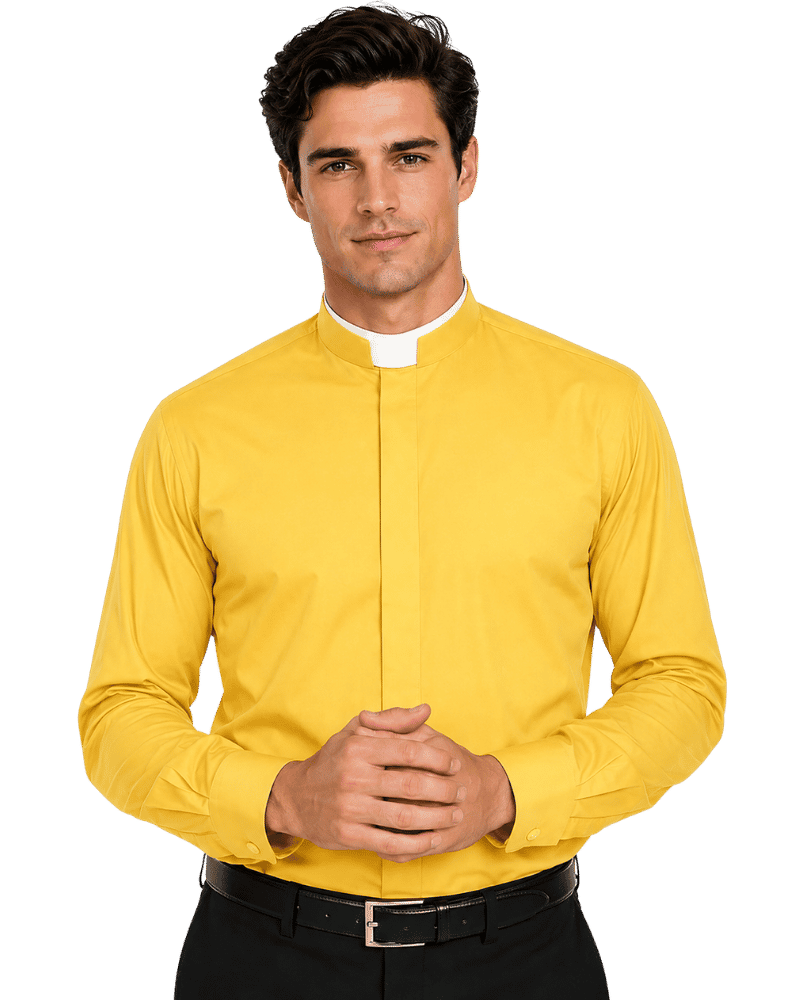 A man wearing a bright yellow long-sleeve clerical shirt with a white collar tab, paired with black trousers and a black belt, against a plain white background.