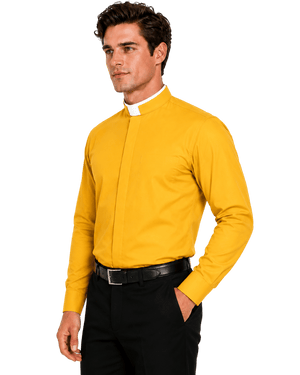 A man wearing a bright yellow long-sleeve clerical shirt with a white collar, paired with black trousers and a black belt, photographed against a plain white background.