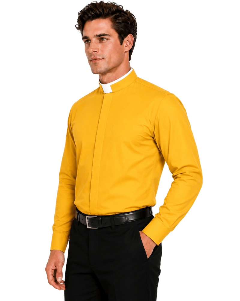 A man wearing a bright yellow long-sleeve clerical shirt with a white collar, paired with black trousers and a black belt, photographed against a plain white background.
