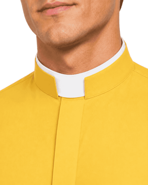 Close-up of a man wearing a bright yellow clerical shirt with a white collar, cropped from the lower face to the chest against a plain white background.