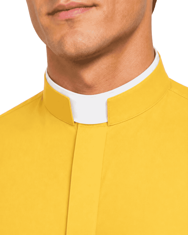 Close-up of a man wearing a bright yellow clerical shirt with a white collar, cropped from the lower face to the chest against a plain white background.