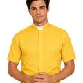 A man wearing a bright yellow short-sleeve priest collar shirt with a white collar insert, paired with black pants and a black belt, set against a plain white background.