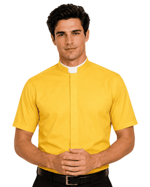 A man wearing a bright yellow short-sleeve priest collar shirt with a white collar insert, paired with black pants and a black belt, set against a plain white background.